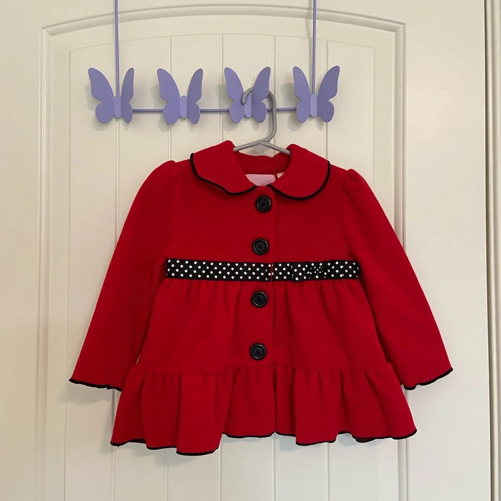 NWOT | Kids Headquarters red black polka dot ruffle buttoned coat — 18 months‎